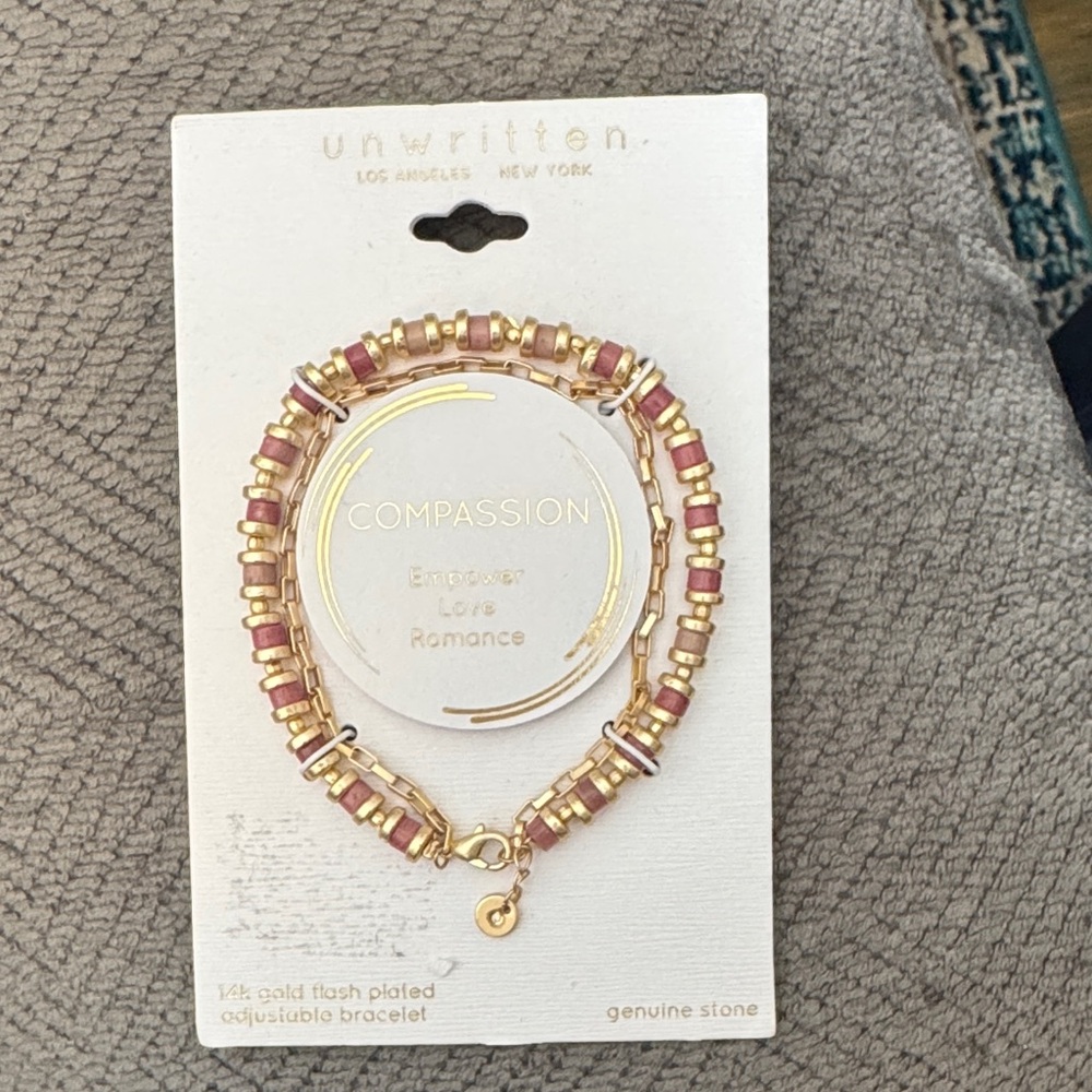 Unwritten Gold and Pink Beaded Bracelet 14 gold flash plated adjustable bracelet - Picture 1 of 4